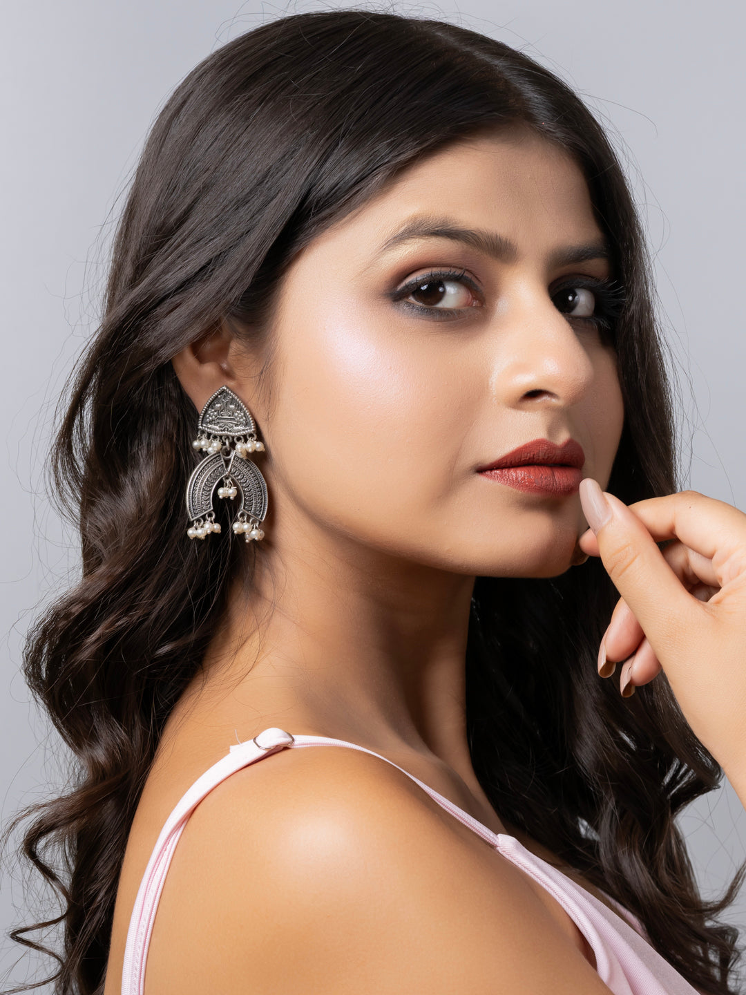 Oxidized Silver Pearl Designer Stud Chandbali Earring LOOK AND ADORN - designed for you