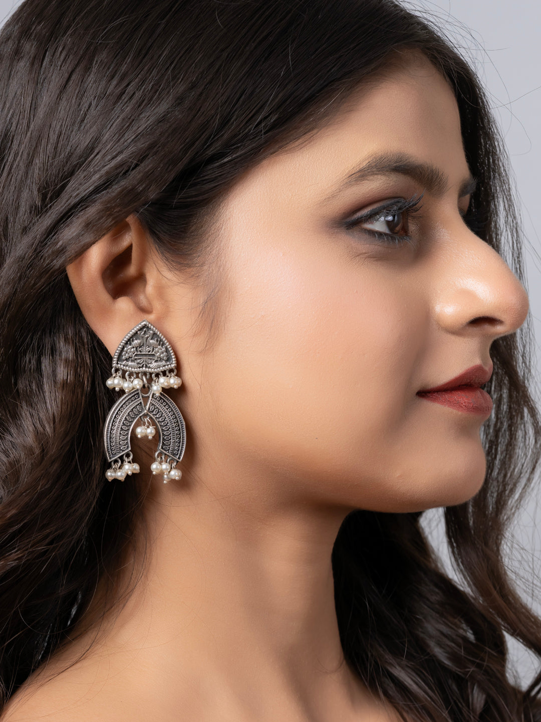 Oxidized Silver Pearl Designer Stud Chandbali Earring LOOK AND ADORN - designed for you