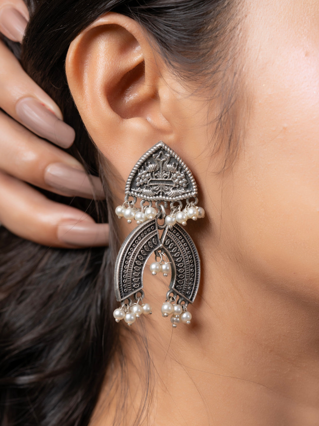 Oxidized Silver Pearl Designer Stud Chandbali Earring LOOK AND ADORN - designed for you