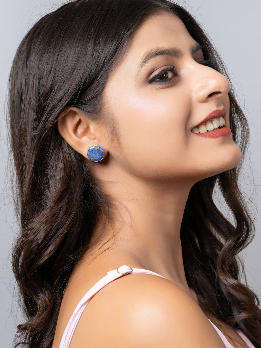 Semi Precious Lapis Lazuli Oxidized Silver Circular Stud Earring LOOK AND ADORN - designed for you