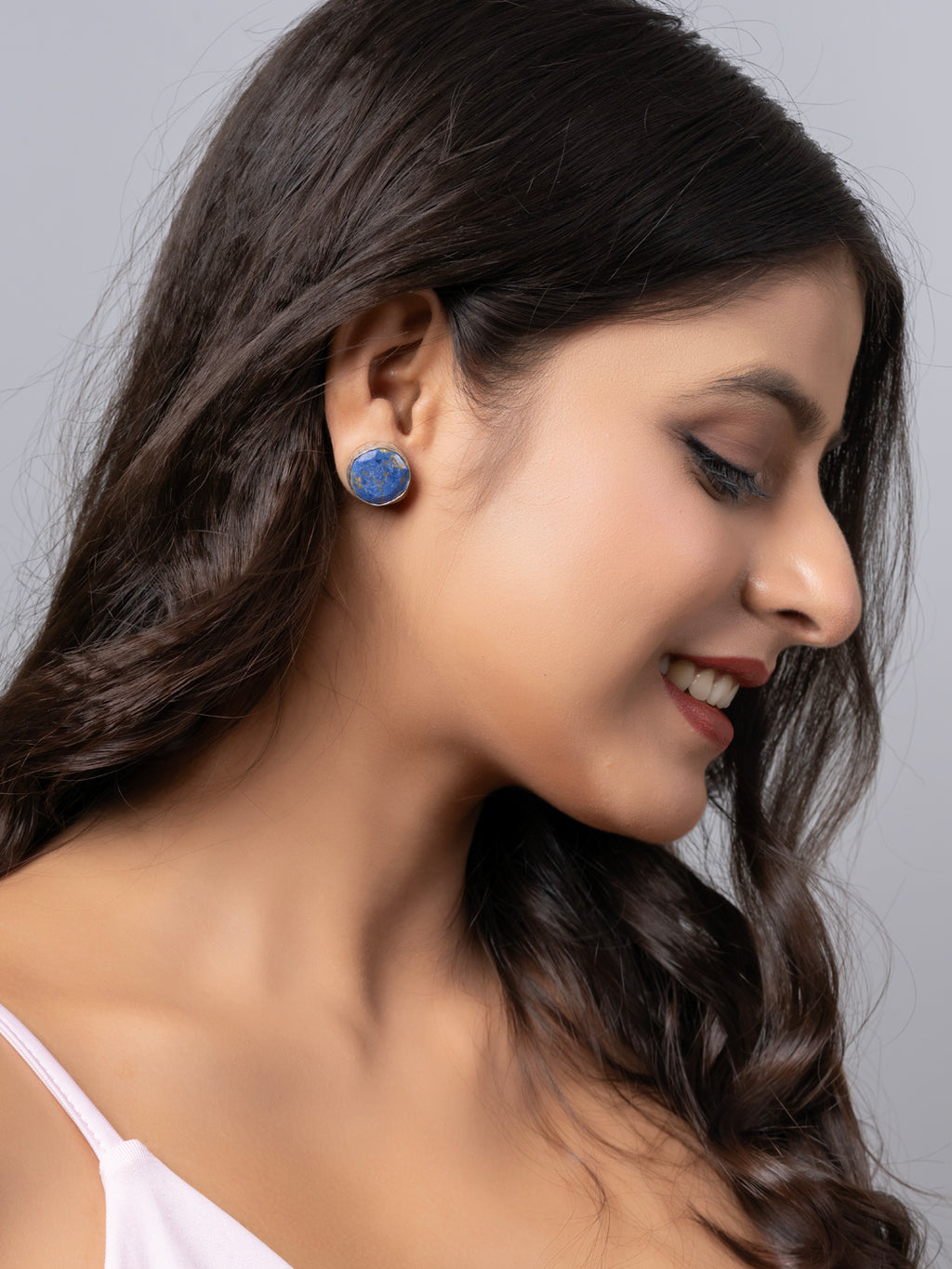 Semi Precious Lapis Lazuli Oxidized Silver Circular Stud Earring LOOK AND ADORN - designed for you