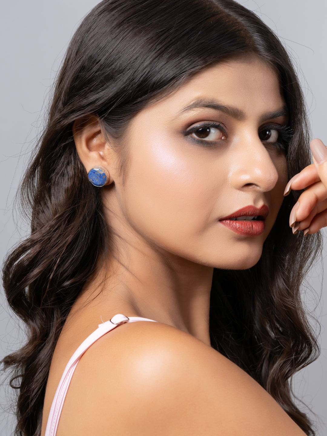 Semi Precious Lapis Lazuli Oxidized Silver Circular Stud Earring LOOK AND ADORN - designed for you