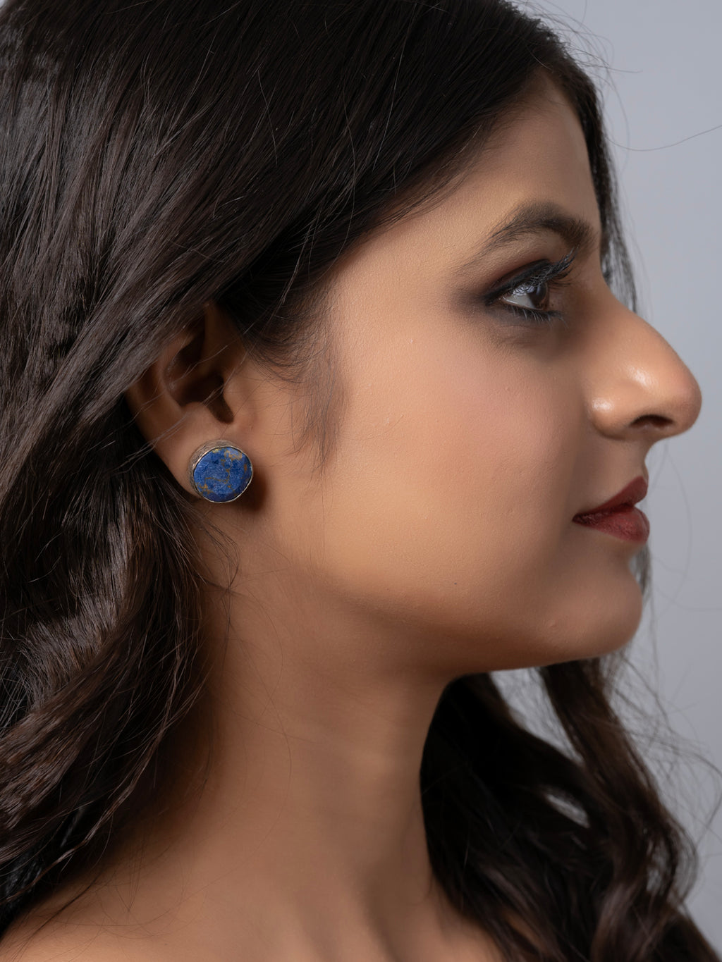 Semi Precious Lapis Lazuli Oxidized Silver Circular Stud Earring LOOK AND ADORN - designed for you