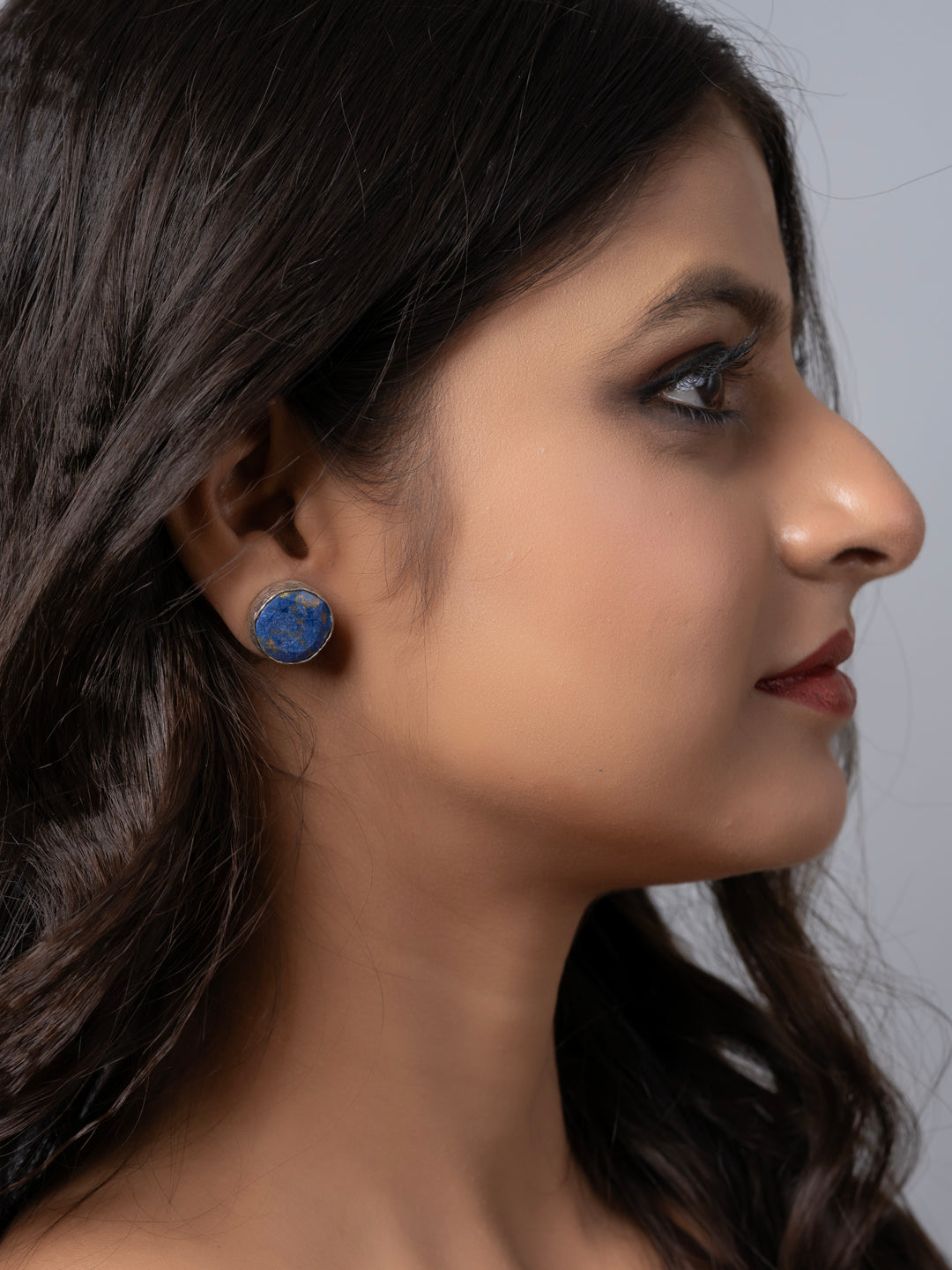 Semi Precious Lapis Lazuli Oxidized Silver Circular Stud Earring LOOK AND ADORN - designed for you