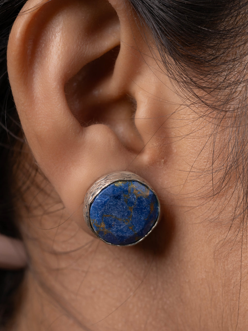 Semi Precious Lapis Lazuli Oxidized Silver Circular Stud Earring LOOK AND ADORN - designed for you