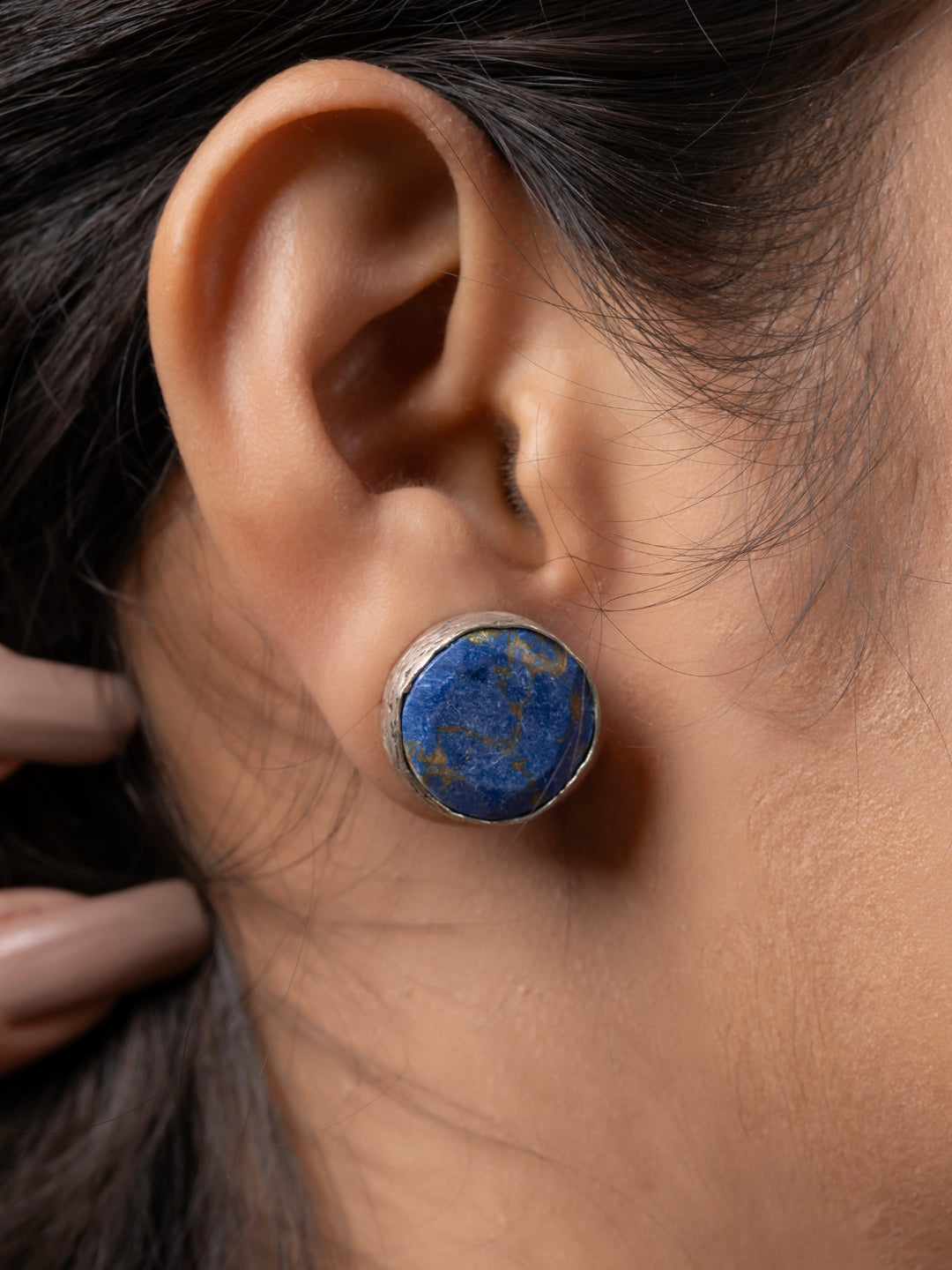 Semi Precious Lapis Lazuli Oxidized Silver Circular Stud Earring LOOK AND ADORN - designed for you