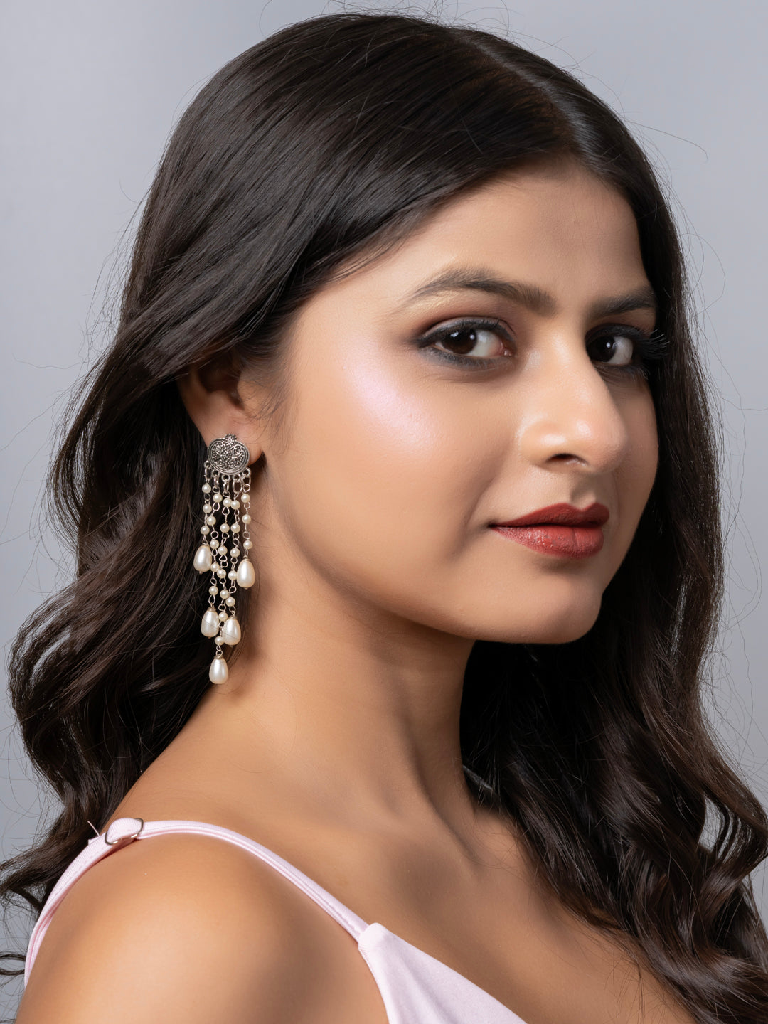 Oxidized Silver Pearl Chain Stud Dangler Earring LOOK AND ADORN - designed for you