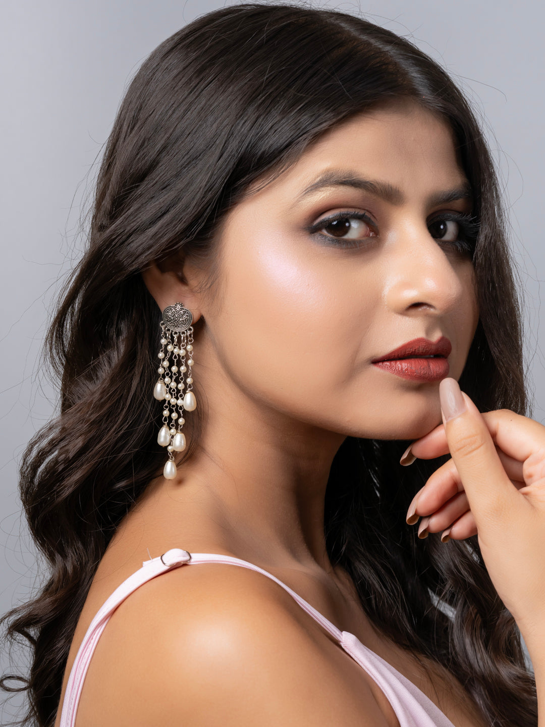 Oxidized Silver Pearl Chain Stud Dangler Earring LOOK AND ADORN - designed for you