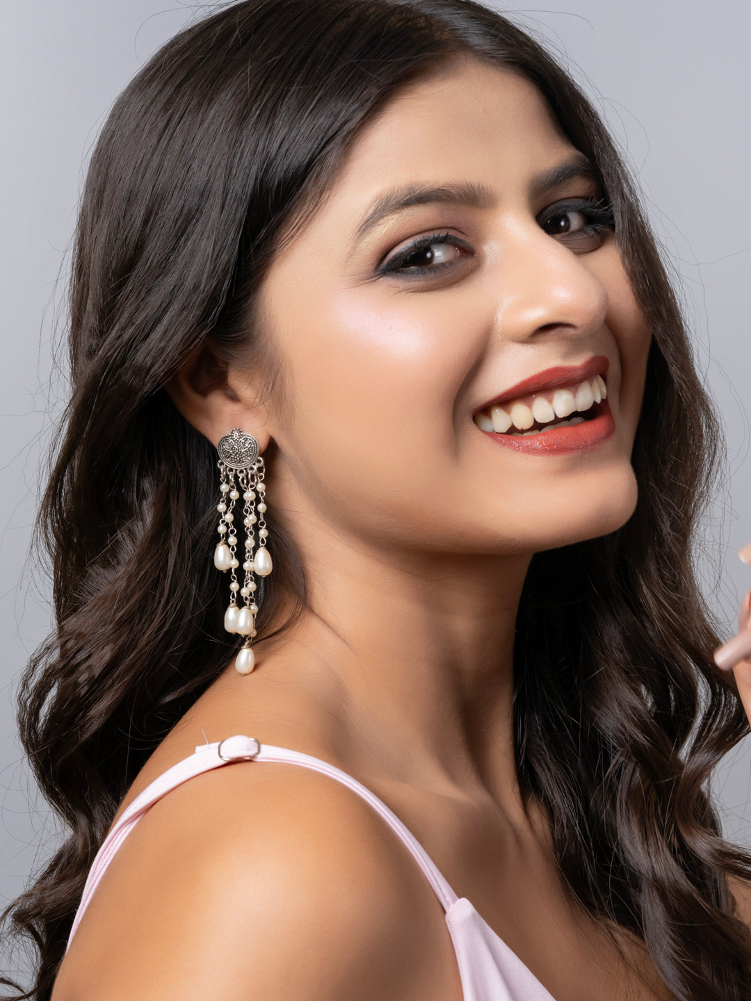 Oxidized Silver Pearl Chain Stud Dangler Earring LOOK AND ADORN - designed for you