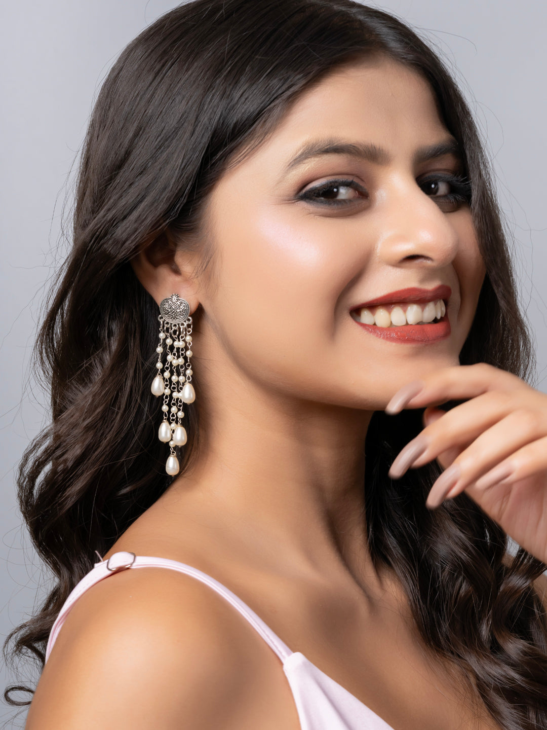 Oxidized Silver Pearl Chain Stud Dangler Earring LOOK AND ADORN - designed for you
