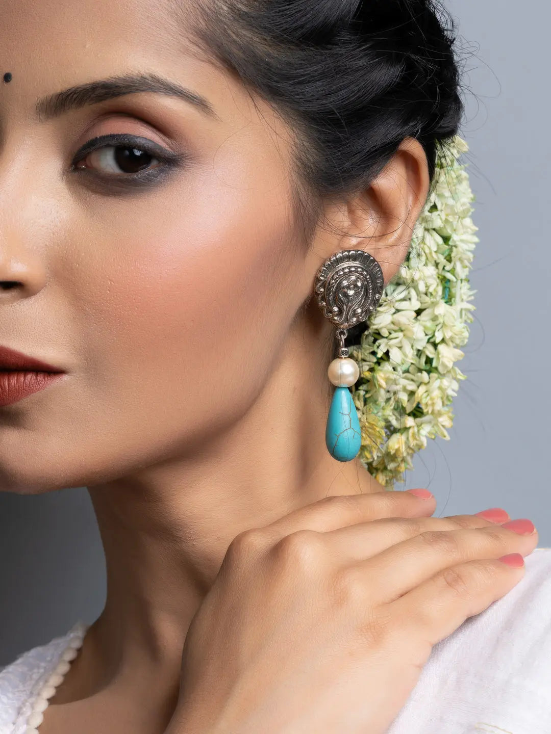 German Silver Turquoise Drop Pearl Stud Earrings - Lookandadorn.com