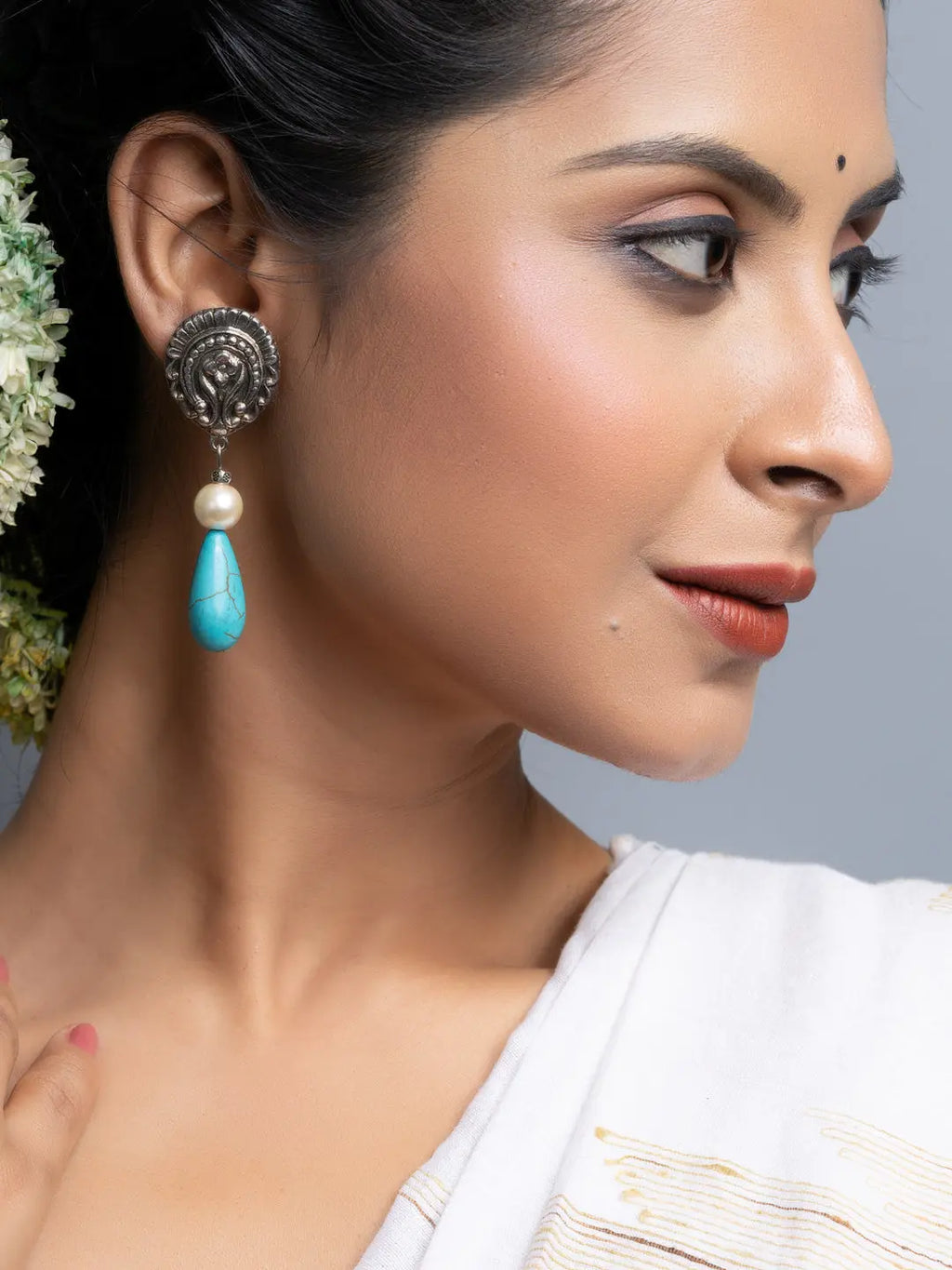 German Silver Turquoise Drop Pearl Stud Earrings - Lookandadorn.com