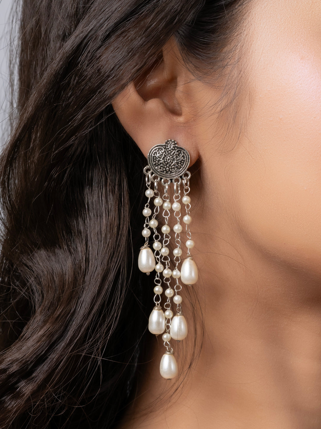 Oxidized Silver Pearl Chain Stud Dangler Earring LOOK AND ADORN - designed for you