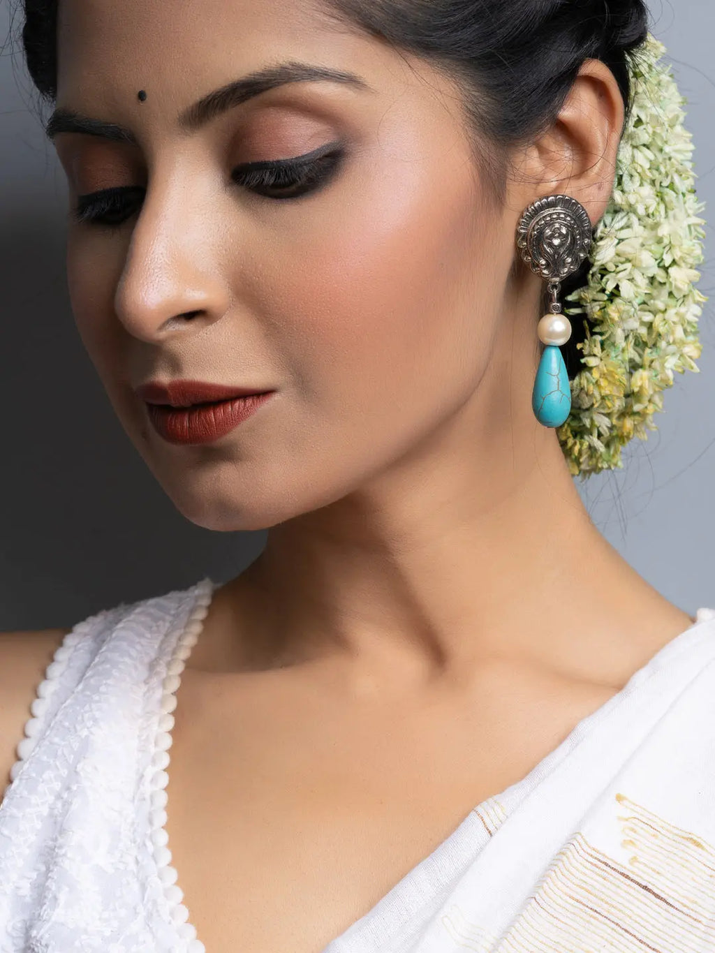 German Silver Turquoise Drop Pearl Stud Earrings - Lookandadorn.com