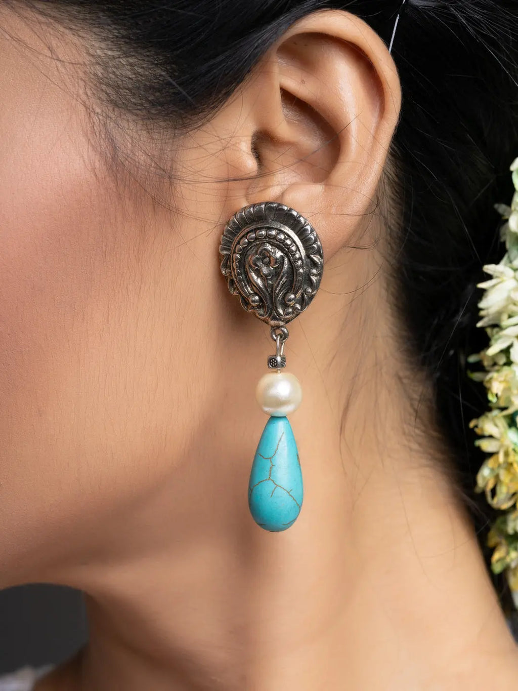 German Silver Turquoise Drop Pearl Stud Earrings - Lookandadorn.com