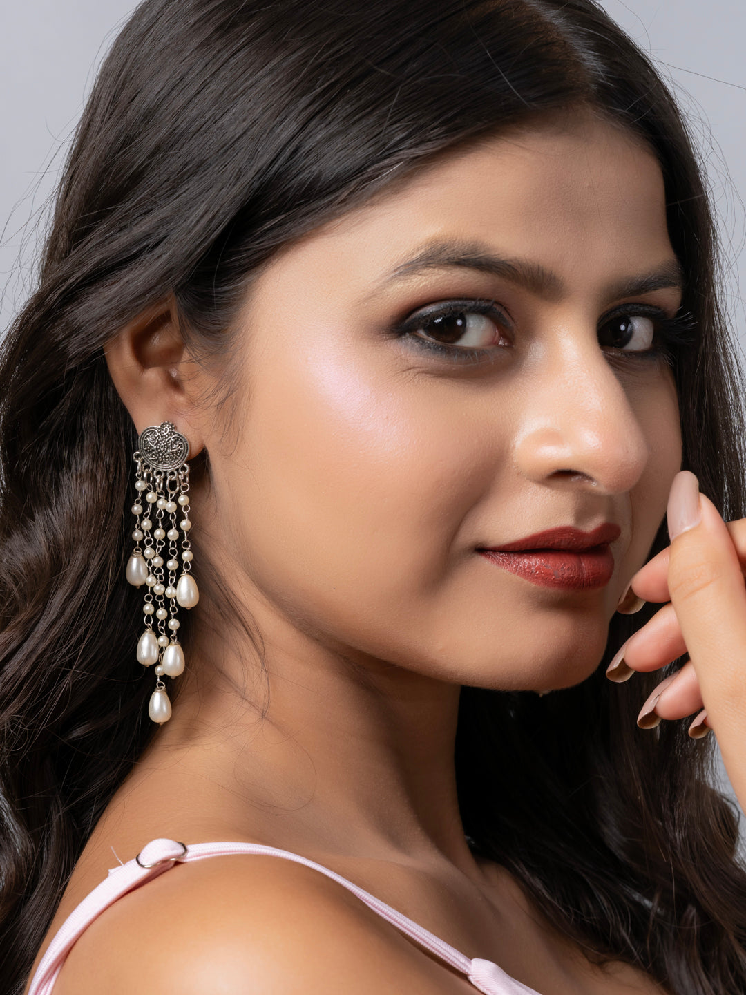 Oxidized Silver Pearl Chain Stud Dangler Earring LOOK AND ADORN - designed for you