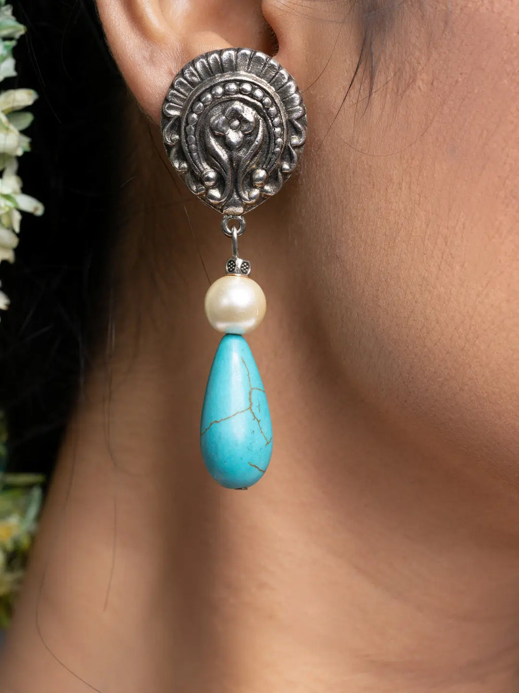 German Silver Turquoise Drop Pearl Stud Earrings - Lookandadorn.com
