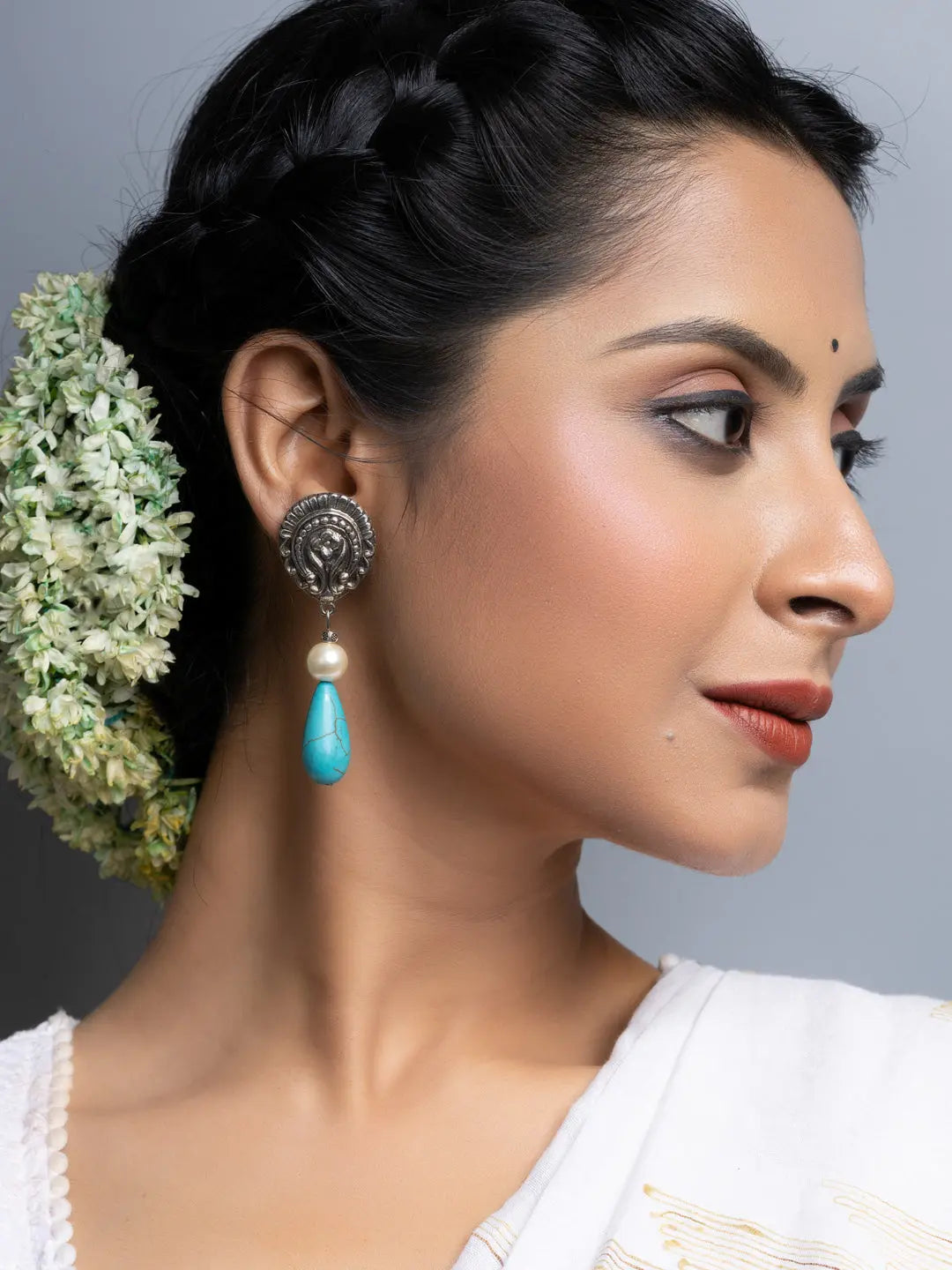 German Silver Turquoise Drop Pearl Stud Earrings - Lookandadorn.com