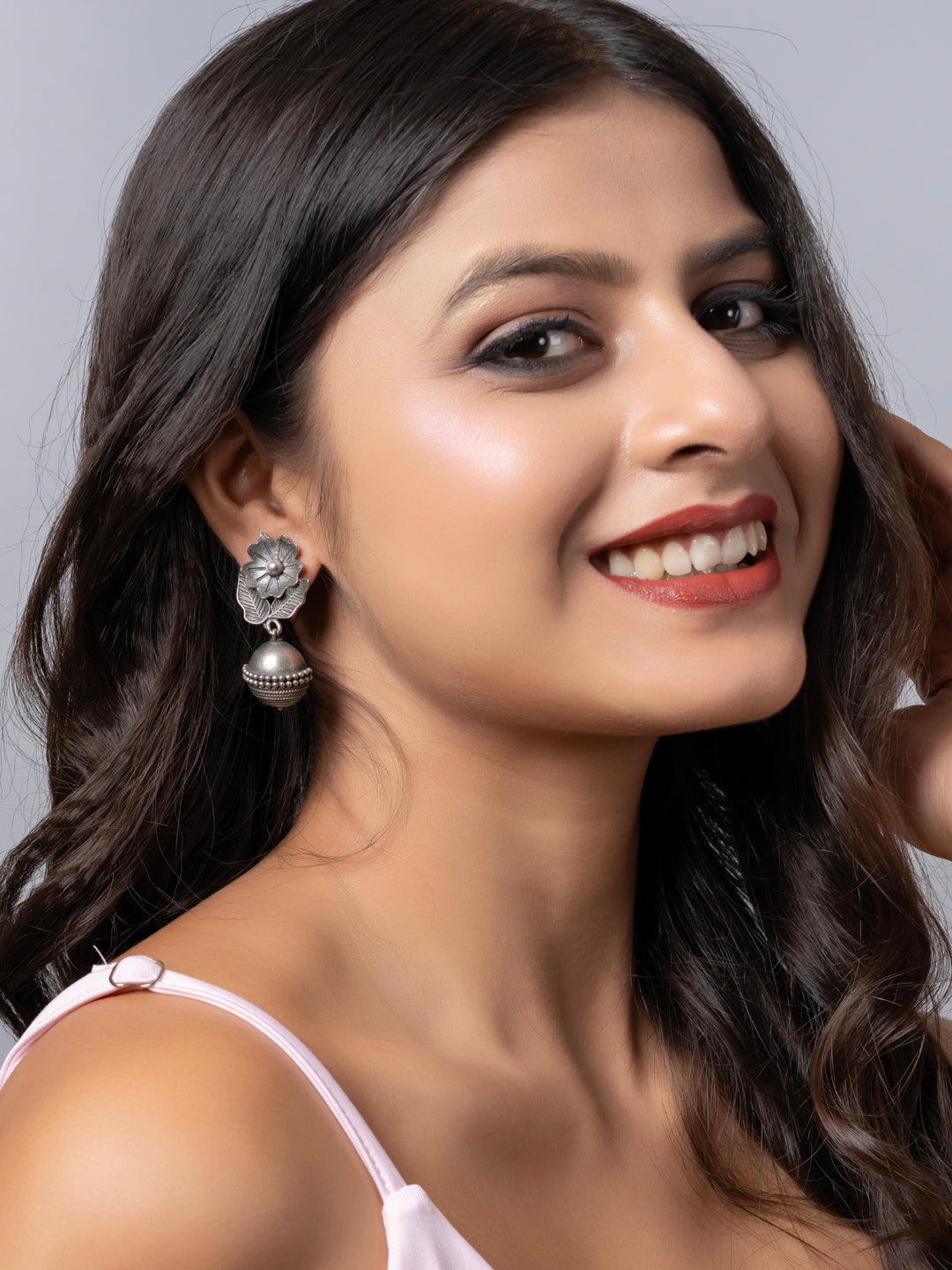 Oxidized Silver Floral Stud Dangler Earring LOOK AND ADORN - designed for you