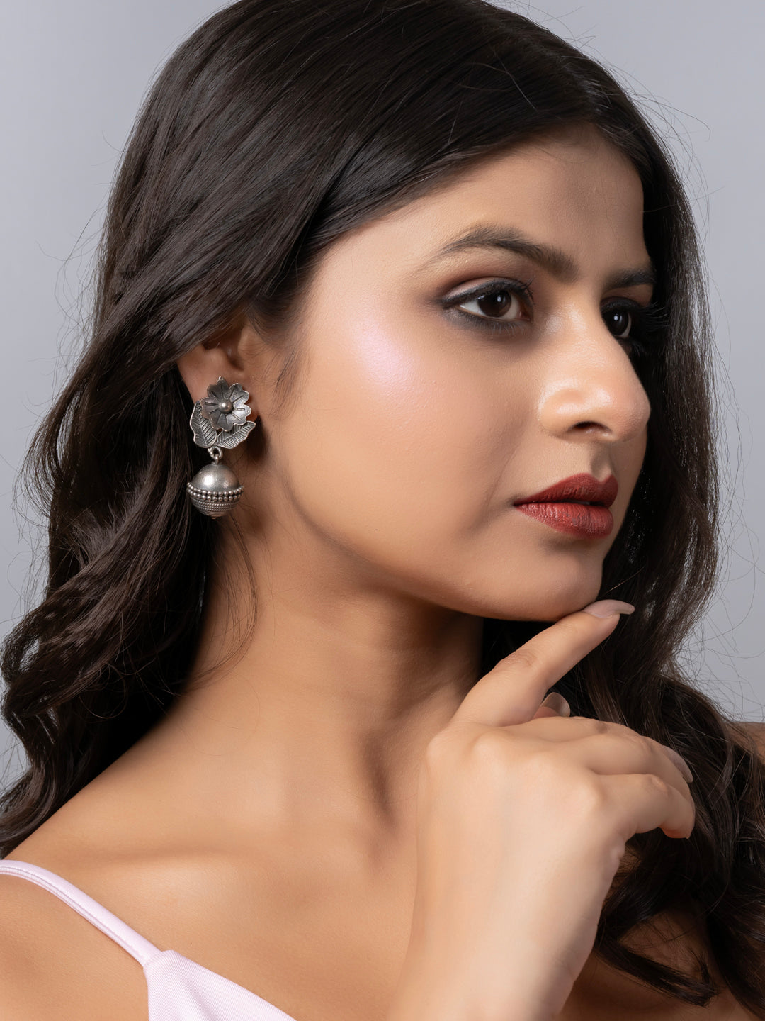 Oxidized Silver Floral Stud Dangler Earring LOOK AND ADORN - designed for you