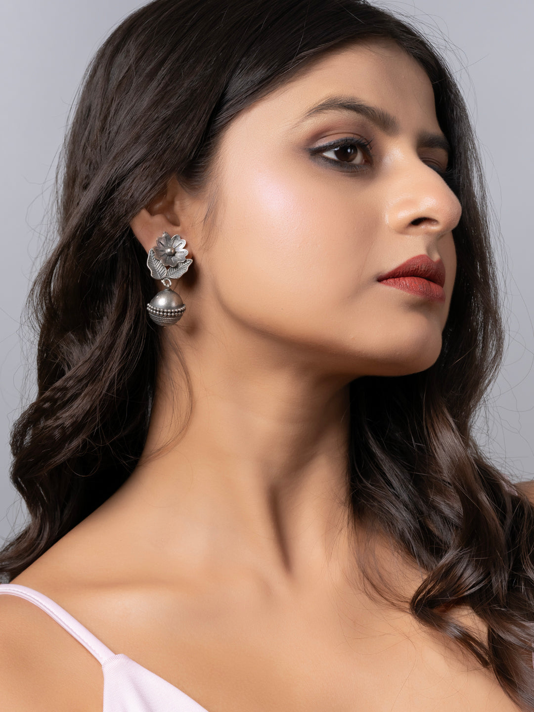 Oxidized Silver Floral Stud Dangler Earring LOOK AND ADORN - designed for you