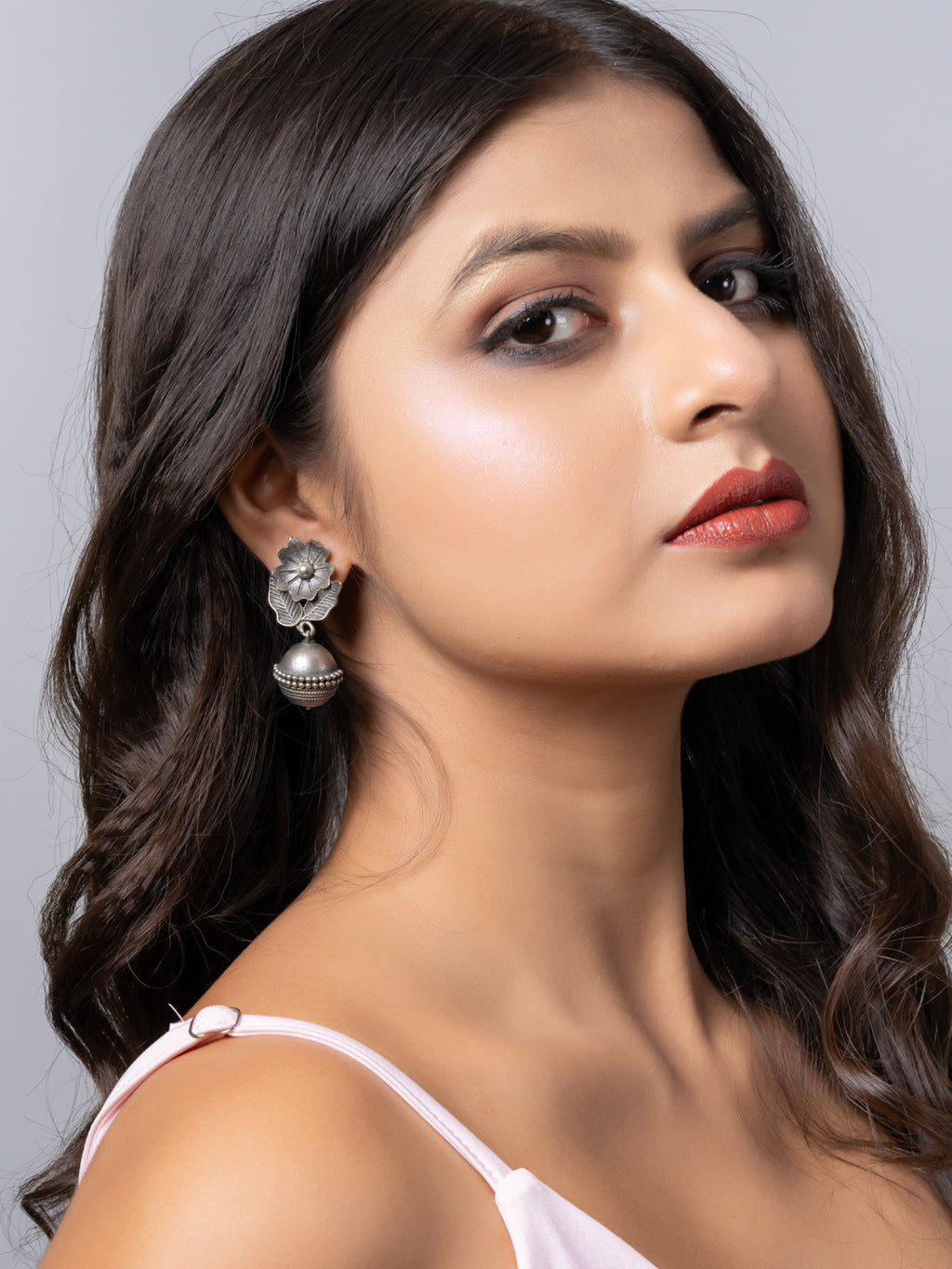 Oxidized Silver Floral Stud Dangler Earring LOOK AND ADORN - designed for you