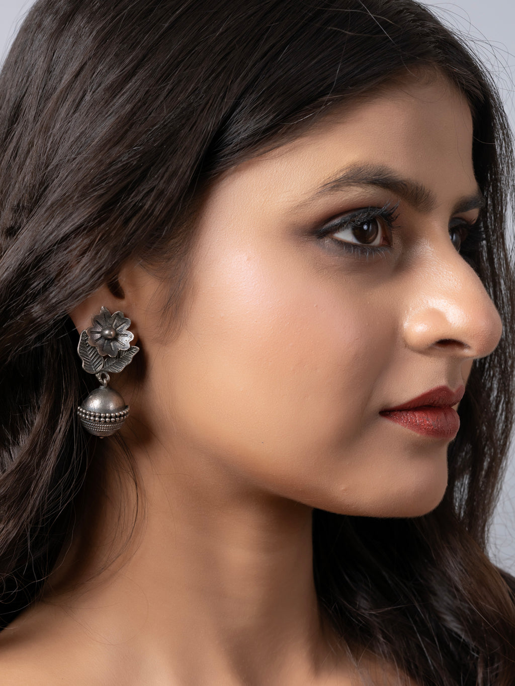 Oxidized Silver Floral Stud Dangler Earring LOOK AND ADORN - designed for you