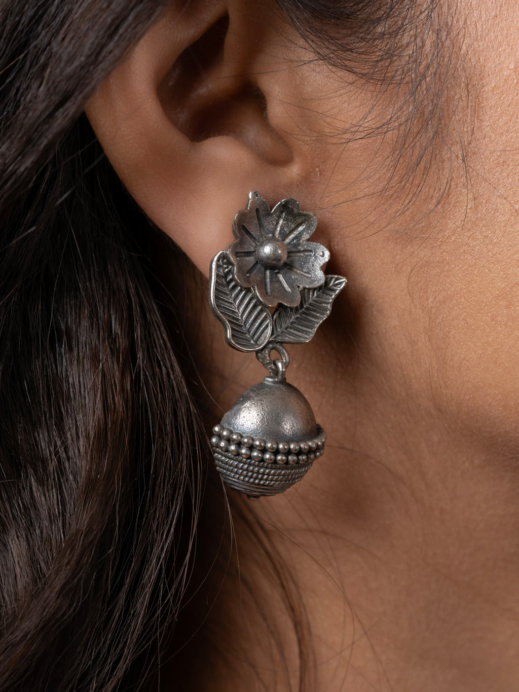 Oxidized Silver Floral Stud Dangler Earring LOOK AND ADORN - designed for you