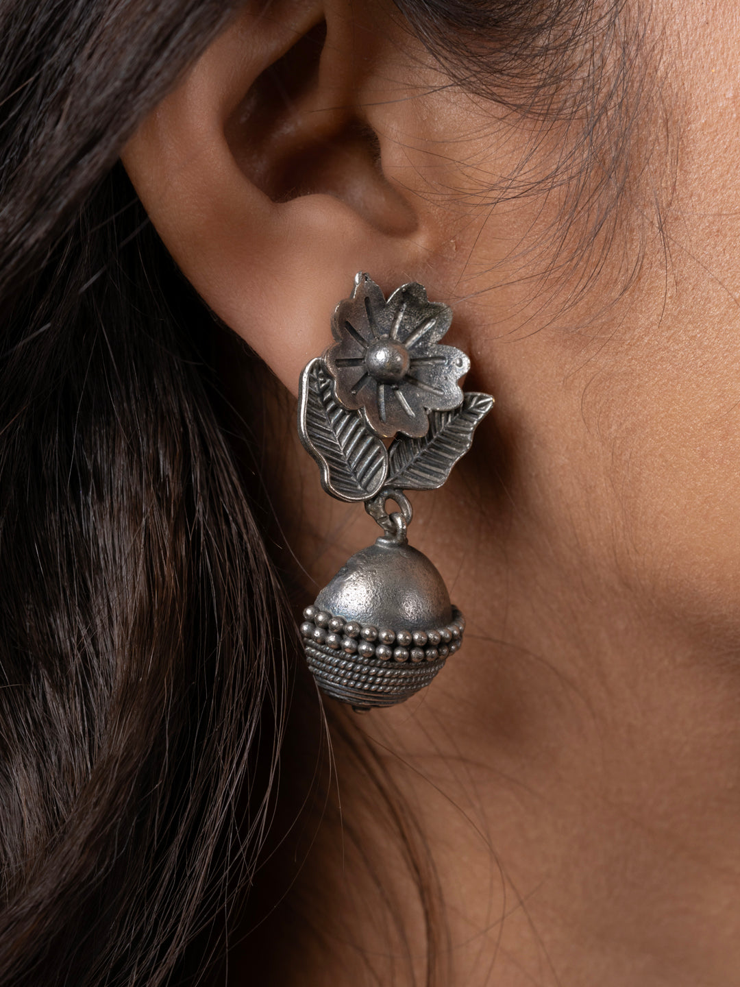 Oxidized Silver Floral Stud Dangler Earring LOOK AND ADORN - designed for you