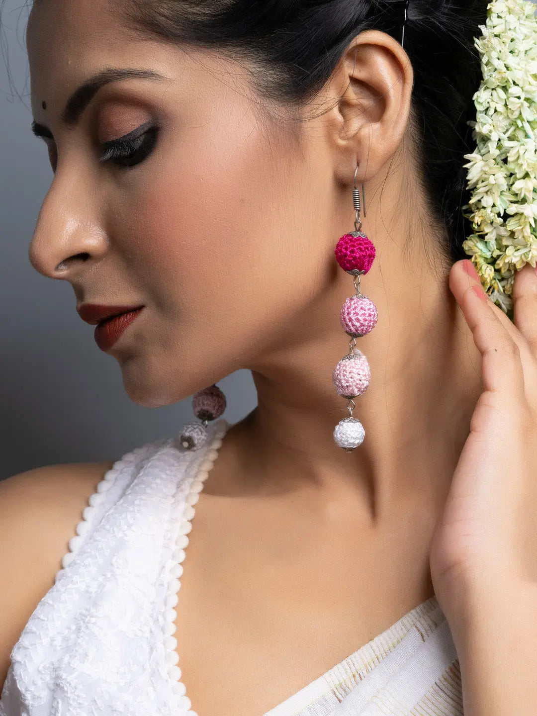 Shades of Pink Thread Bead Dangler Earrings - Lookandadorn.com