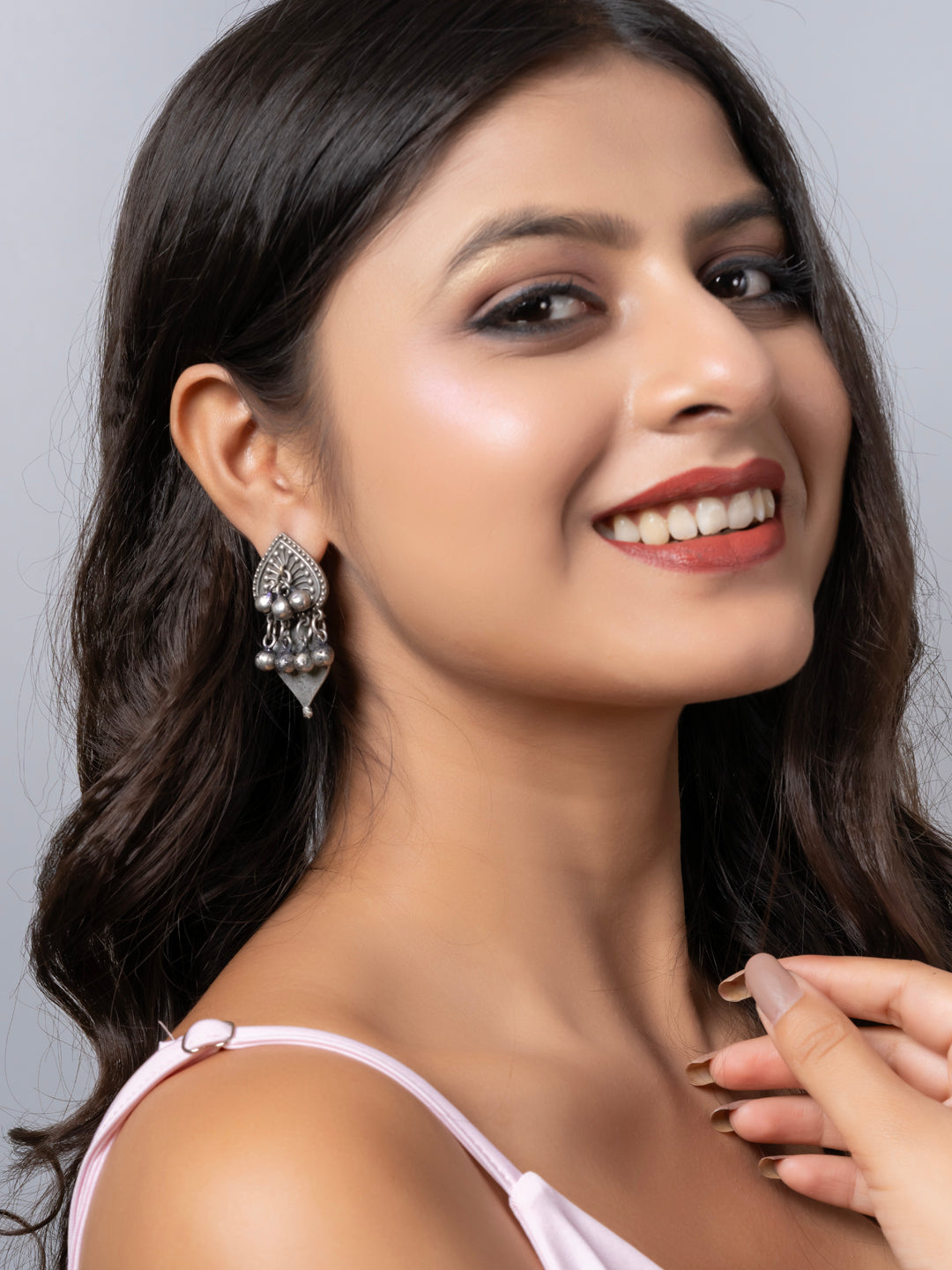 Oxidized Silver Geometric Ghungroo Stud Earring LOOK AND ADORN - designed for you