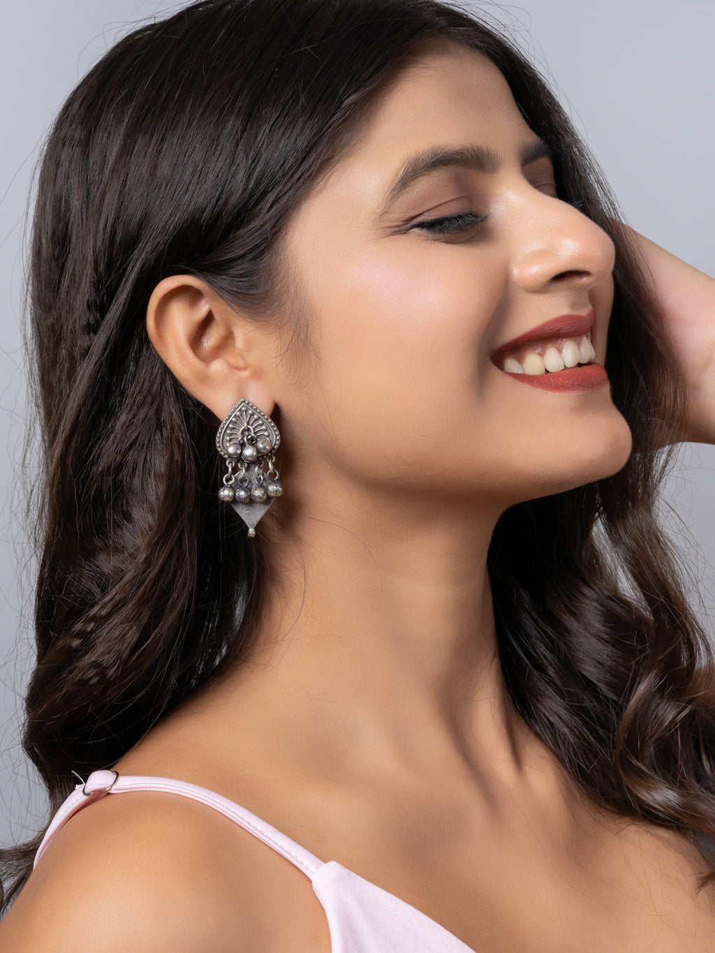 Oxidized Silver Geometric Ghungroo Stud Earring LOOK AND ADORN - designed for you
