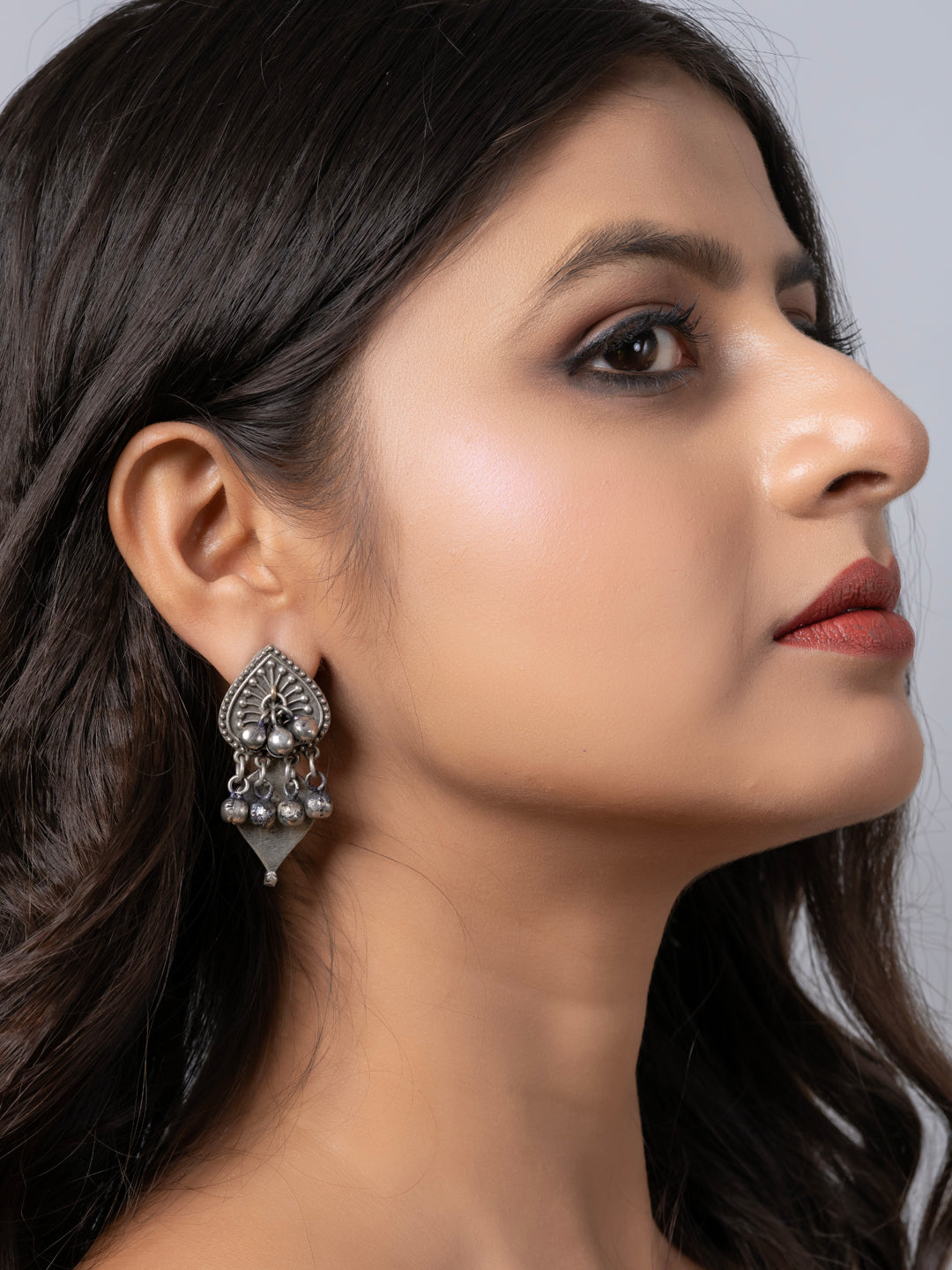 Oxidized Silver Geometric Ghungroo Stud Earring LOOK AND ADORN - designed for you