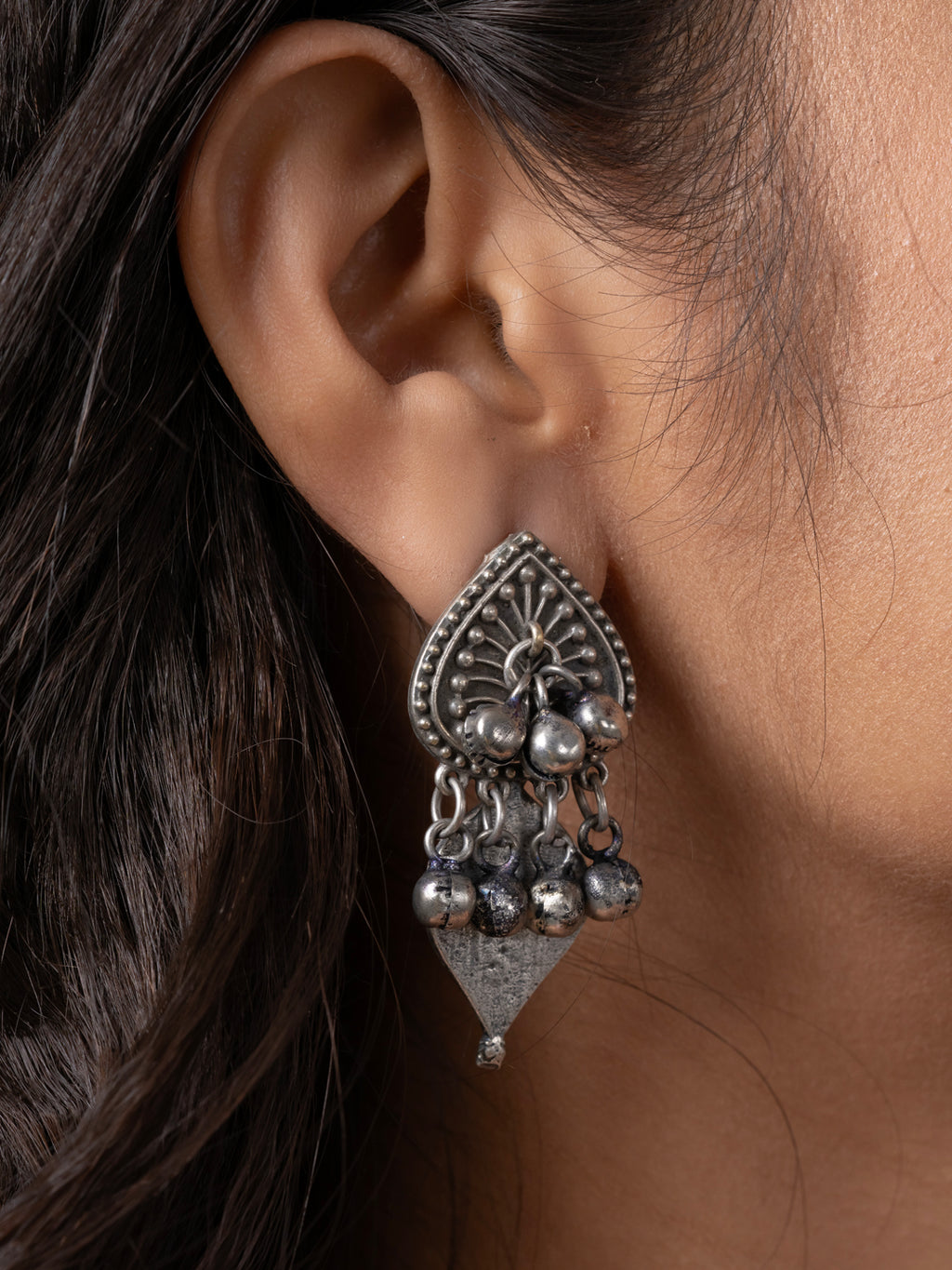 Oxidized Silver Geometric Ghungroo Stud Earring LOOK AND ADORN - designed for you