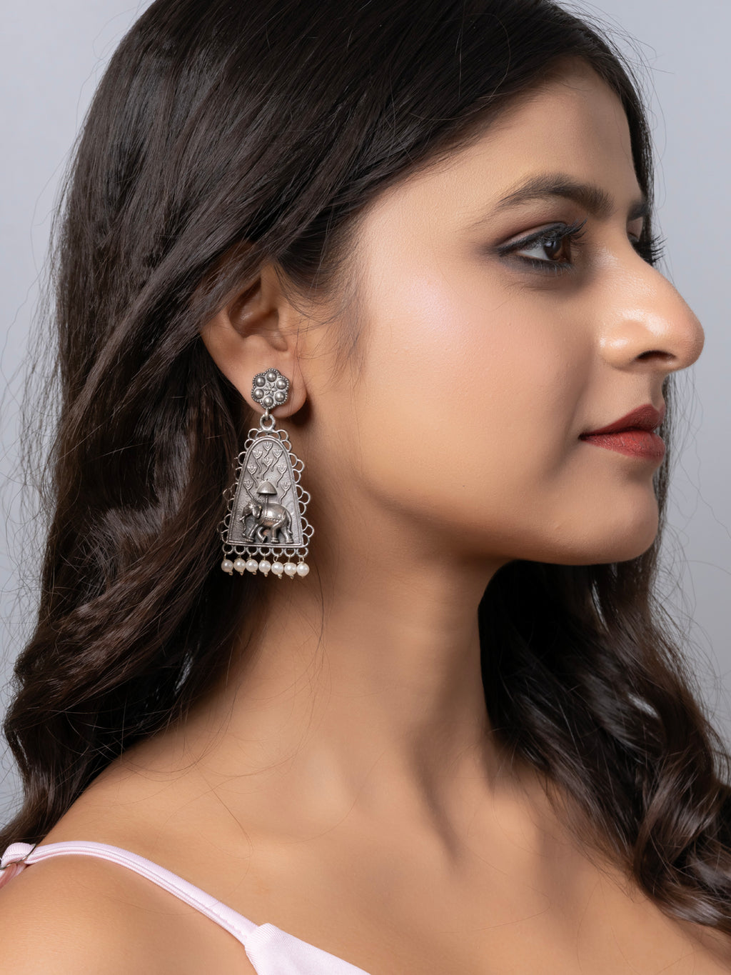 Oxidized Silver Floral Pearl Elephant Stud Chandbali Earring LOOK AND ADORN - designed for you