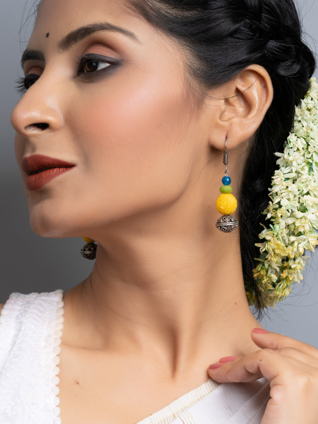 Carved Yellow Green Blue Onyx Earrings - Lookandadorn.com