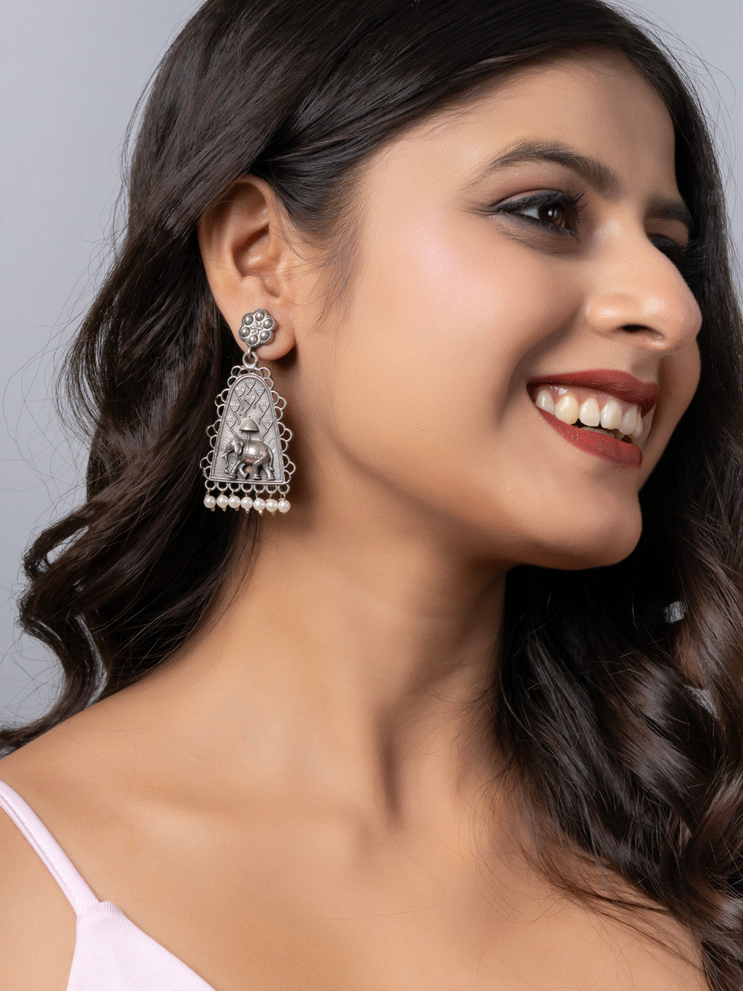 Oxidized Silver Floral Pearl Elephant Stud Chandbali Earring LOOK AND ADORN - designed for you