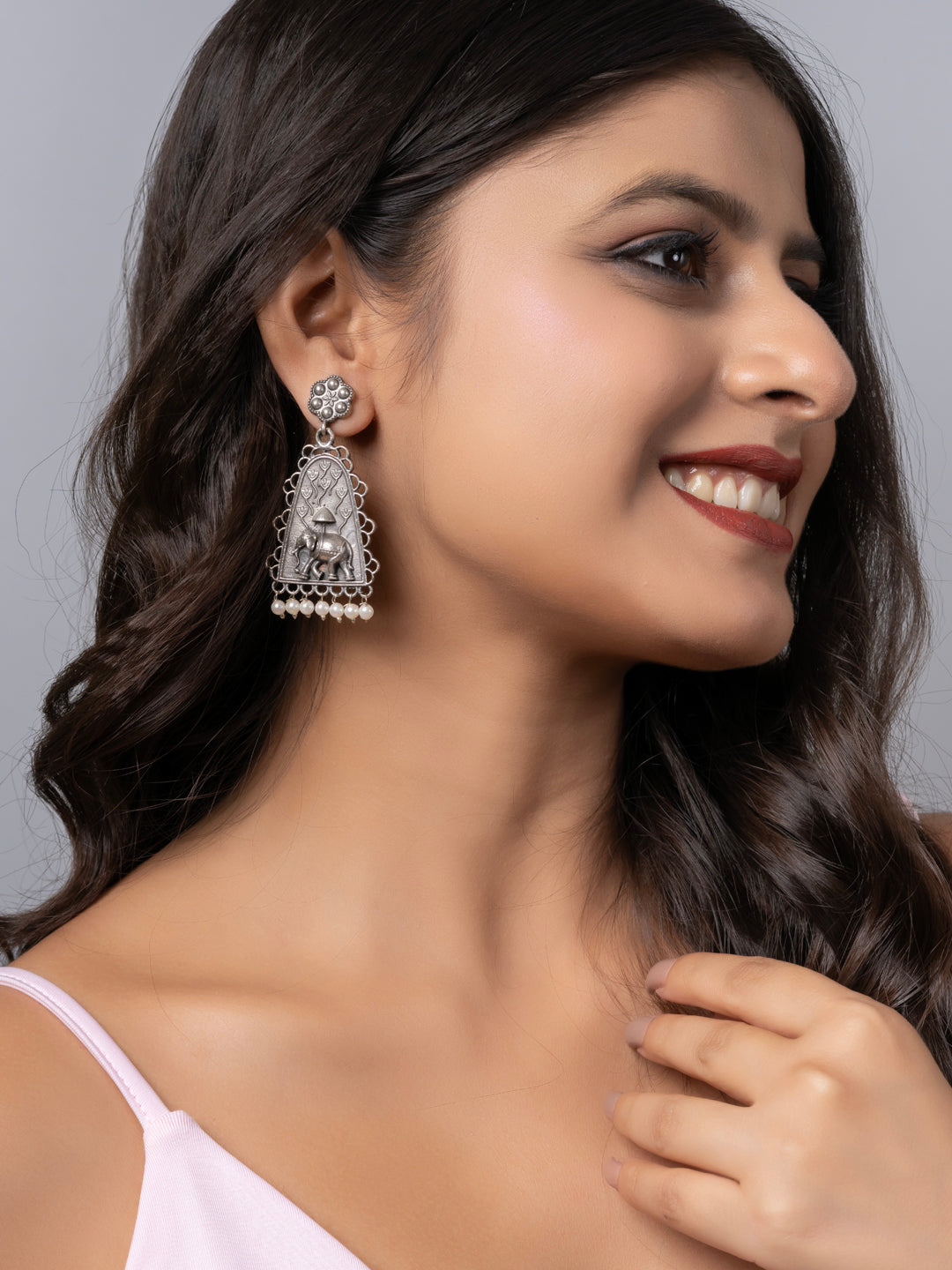 Oxidized Silver Floral Pearl Elephant Stud Chandbali Earring LOOK AND ADORN - designed for you