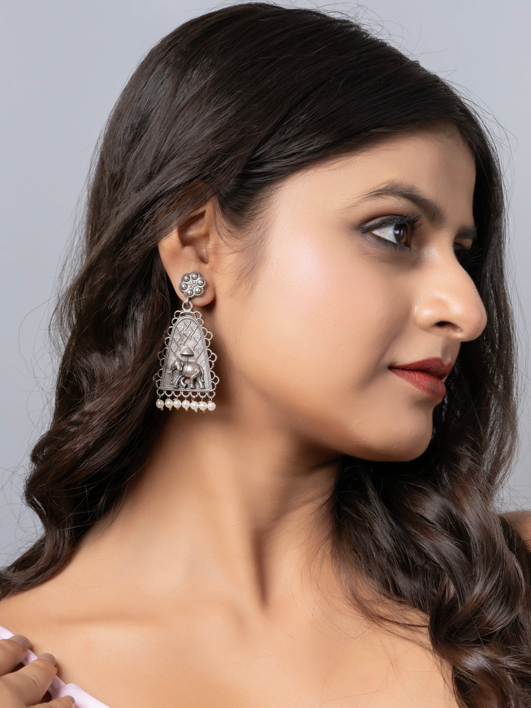 Oxidized Silver Floral Pearl Elephant Stud Chandbali Earring LOOK AND ADORN - designed for you