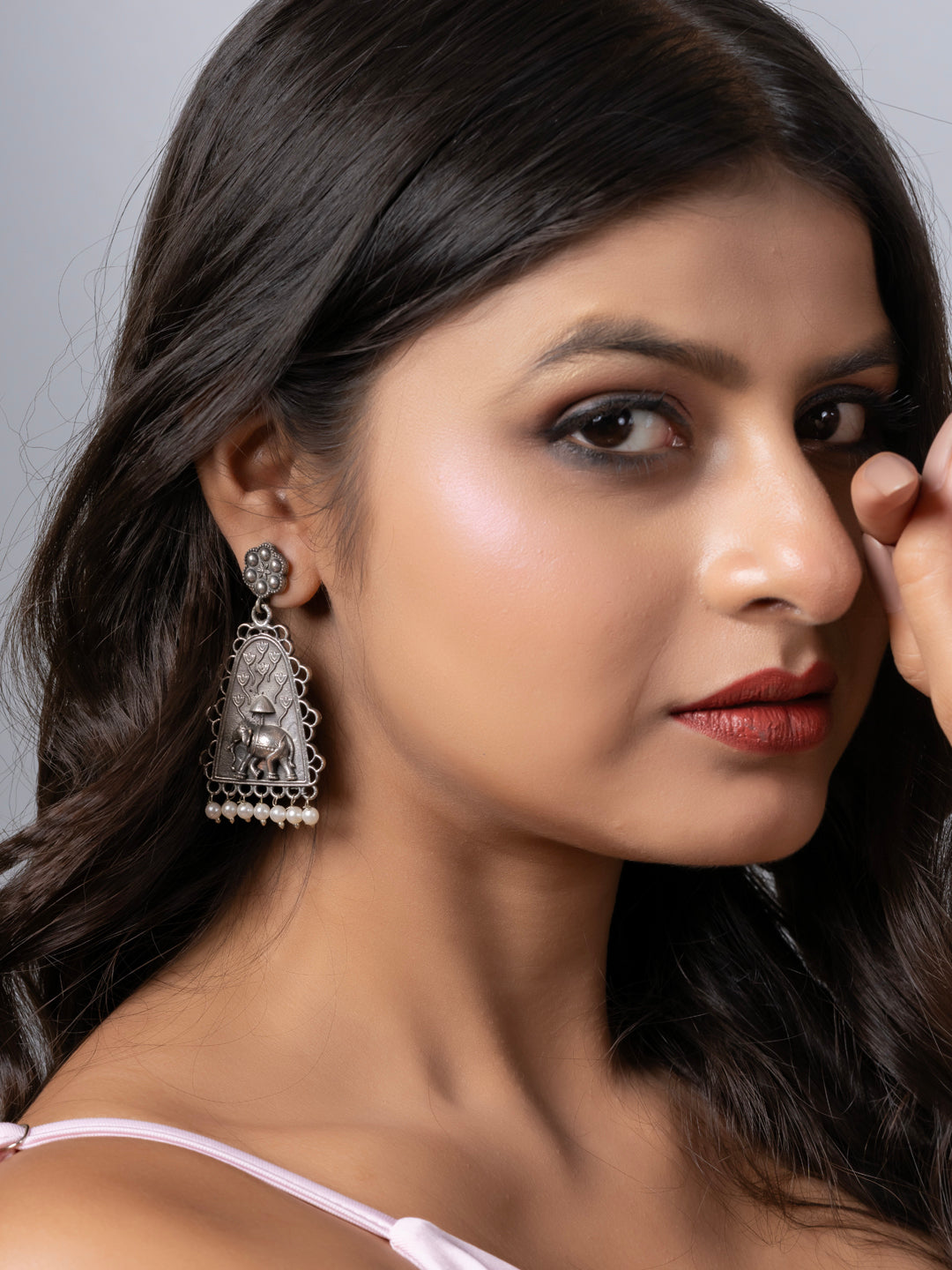 Oxidized Silver Floral Pearl Elephant Stud Chandbali Earring LOOK AND ADORN - designed for you