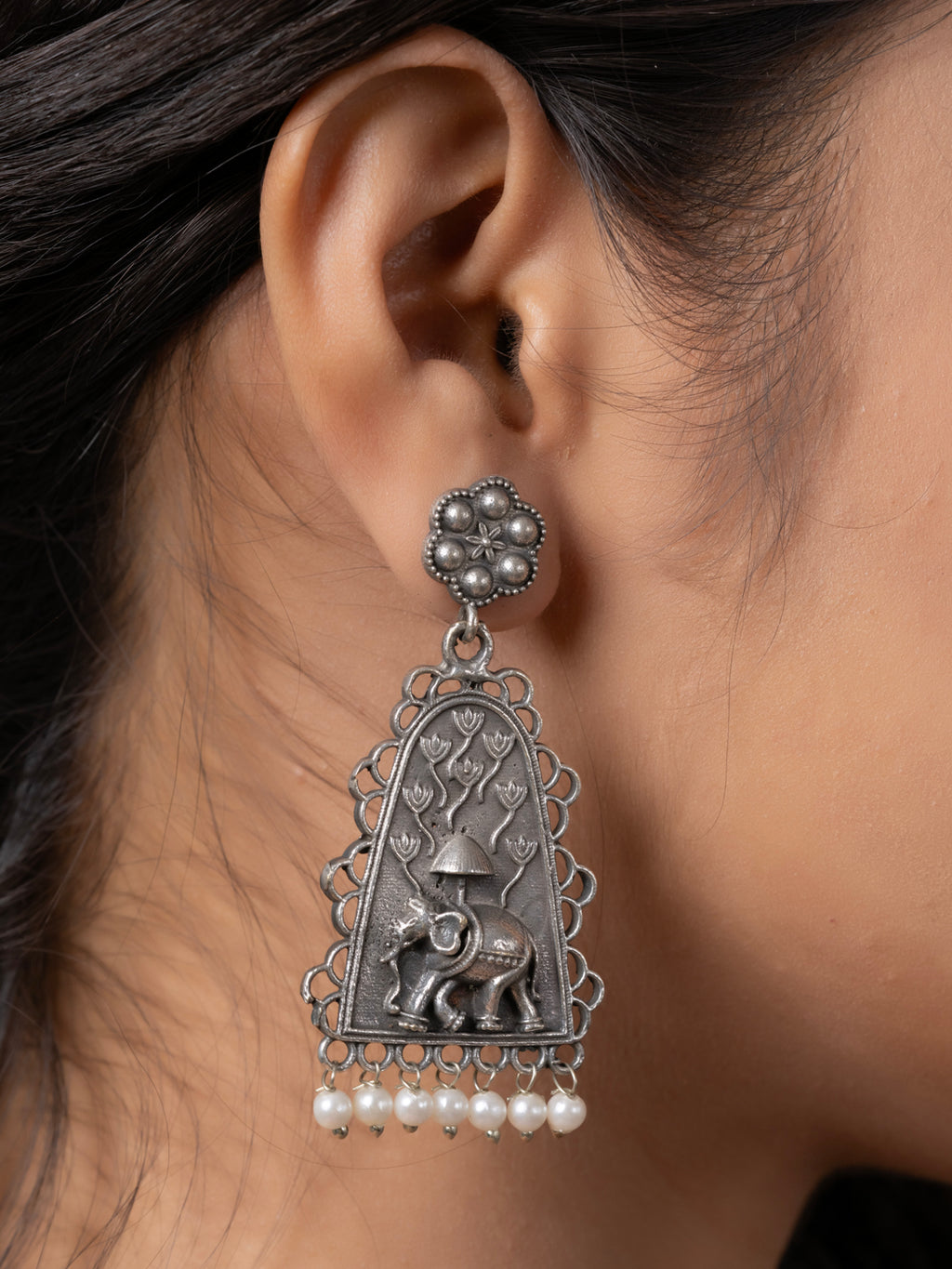 Oxidized Silver Floral Pearl Elephant Stud Chandbali Earring LOOK AND ADORN - designed for you