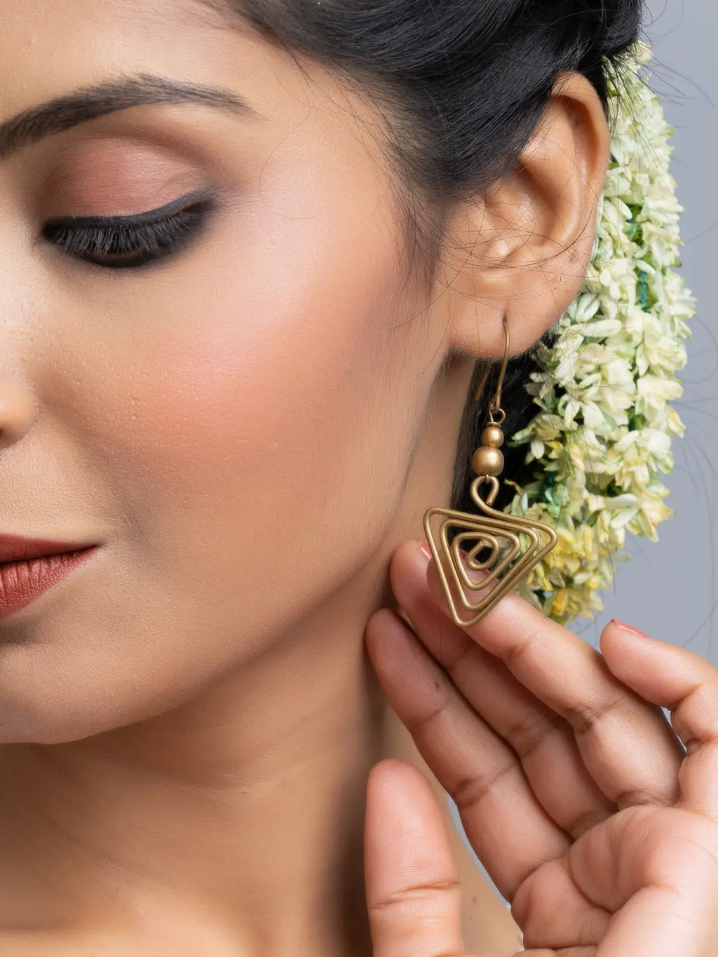 Golden Triangular Brass Dokra Earrings - Lookandadorn.com