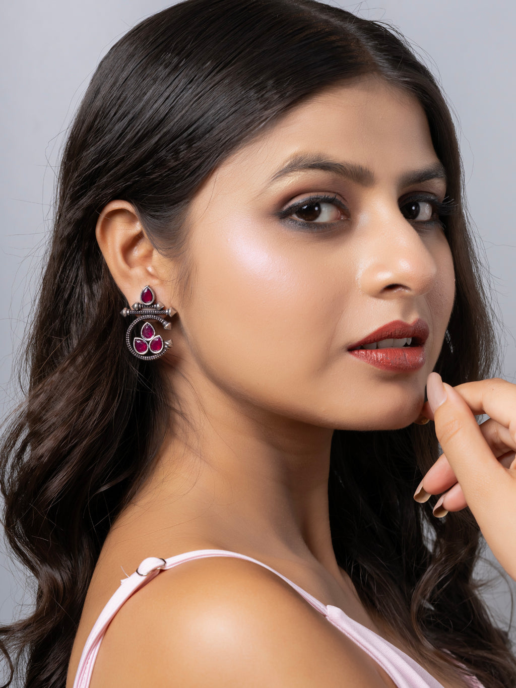 Oxidized Silver Pink Designer Stud Earring LOOK AND ADORN - designed for you