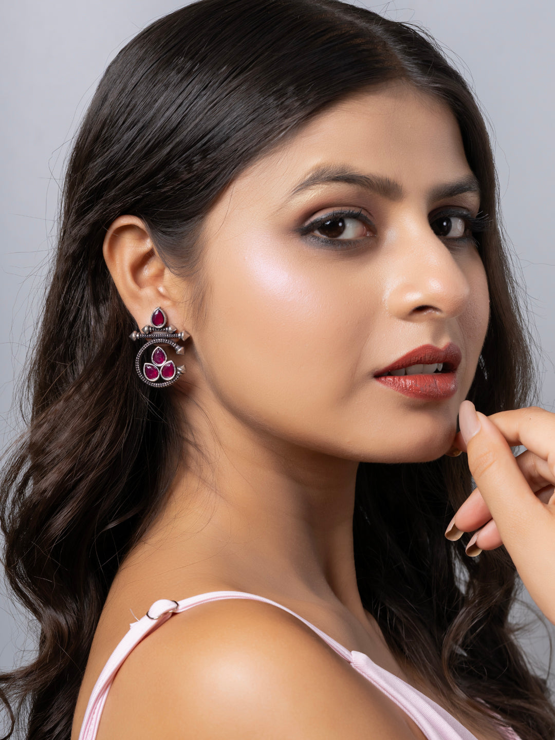 Oxidized Silver Pink Designer Stud Earring LOOK AND ADORN - designed for you