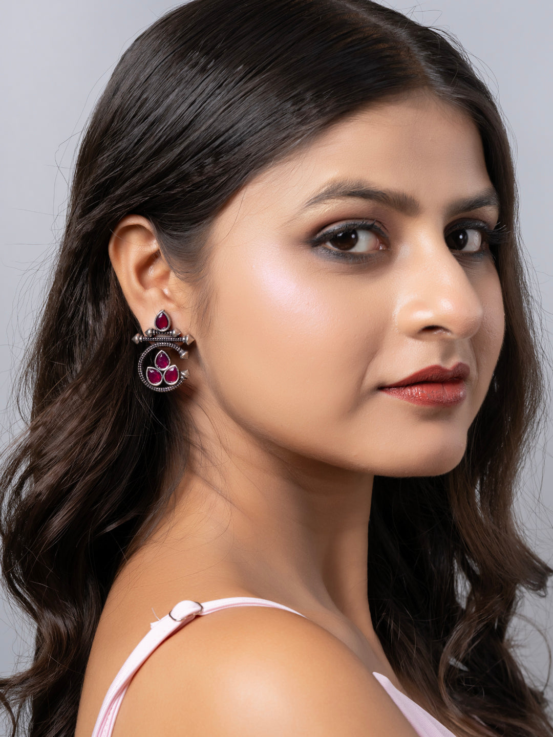 Oxidized Silver Pink Designer Stud Earring LOOK AND ADORN - designed for you
