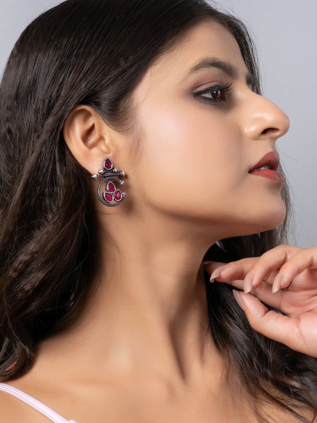 Oxidized Silver Pink Designer Stud Earring LOOK AND ADORN - designed for you