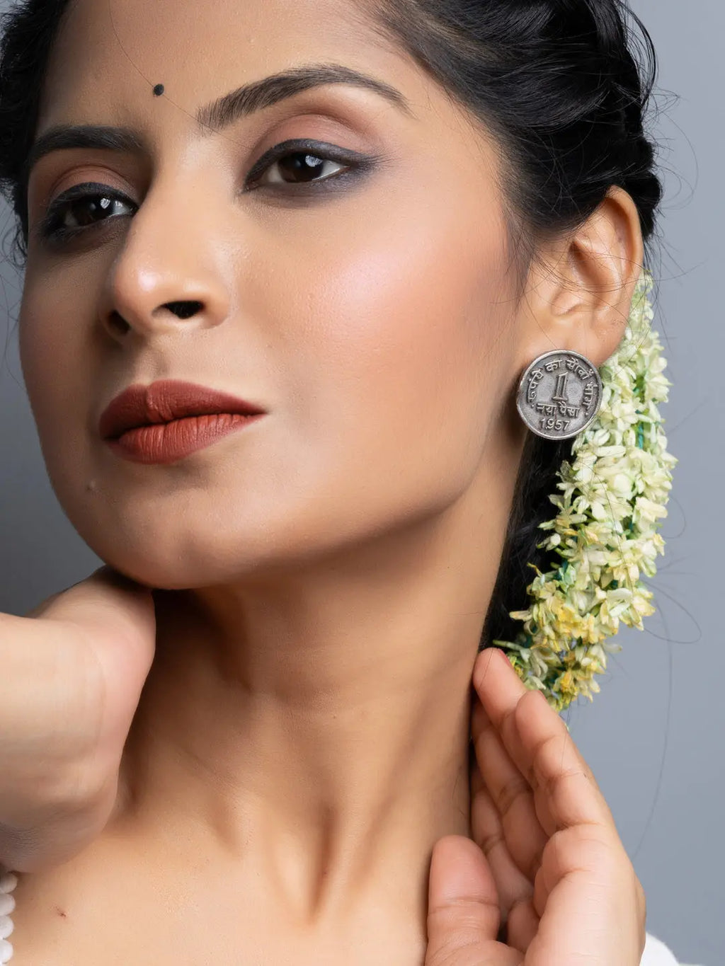 Oxidised Silver 1 Paise Stud Earrings - Lookandadorn.com