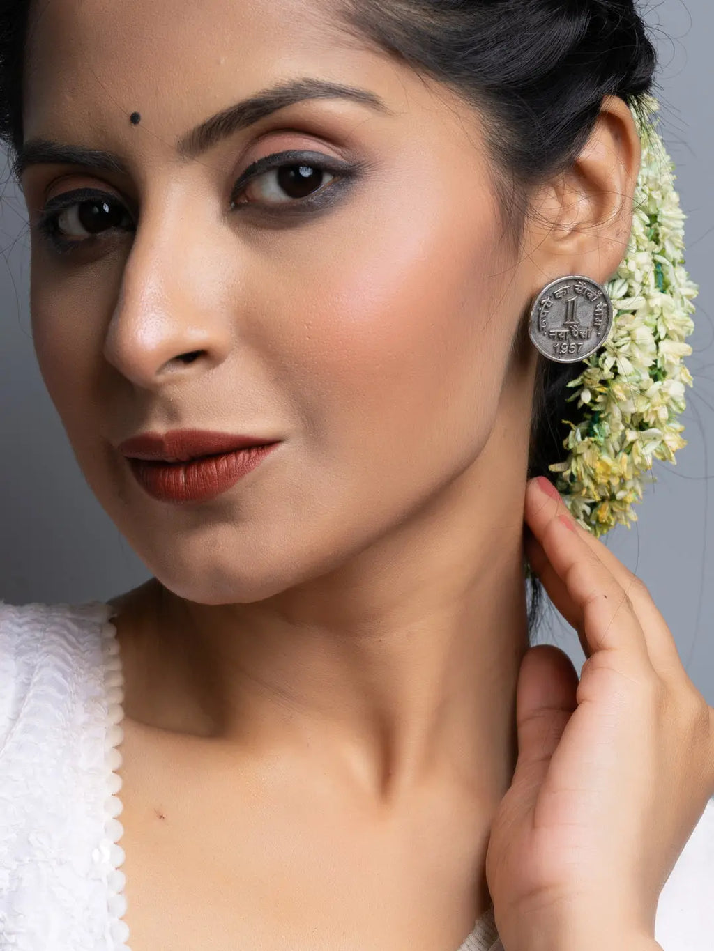 Oxidised Silver 1 Paise Stud Earrings - Lookandadorn.com