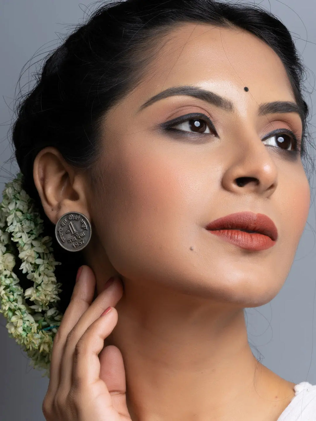 Oxidised Silver 1 Paise Stud Earrings - Lookandadorn.com