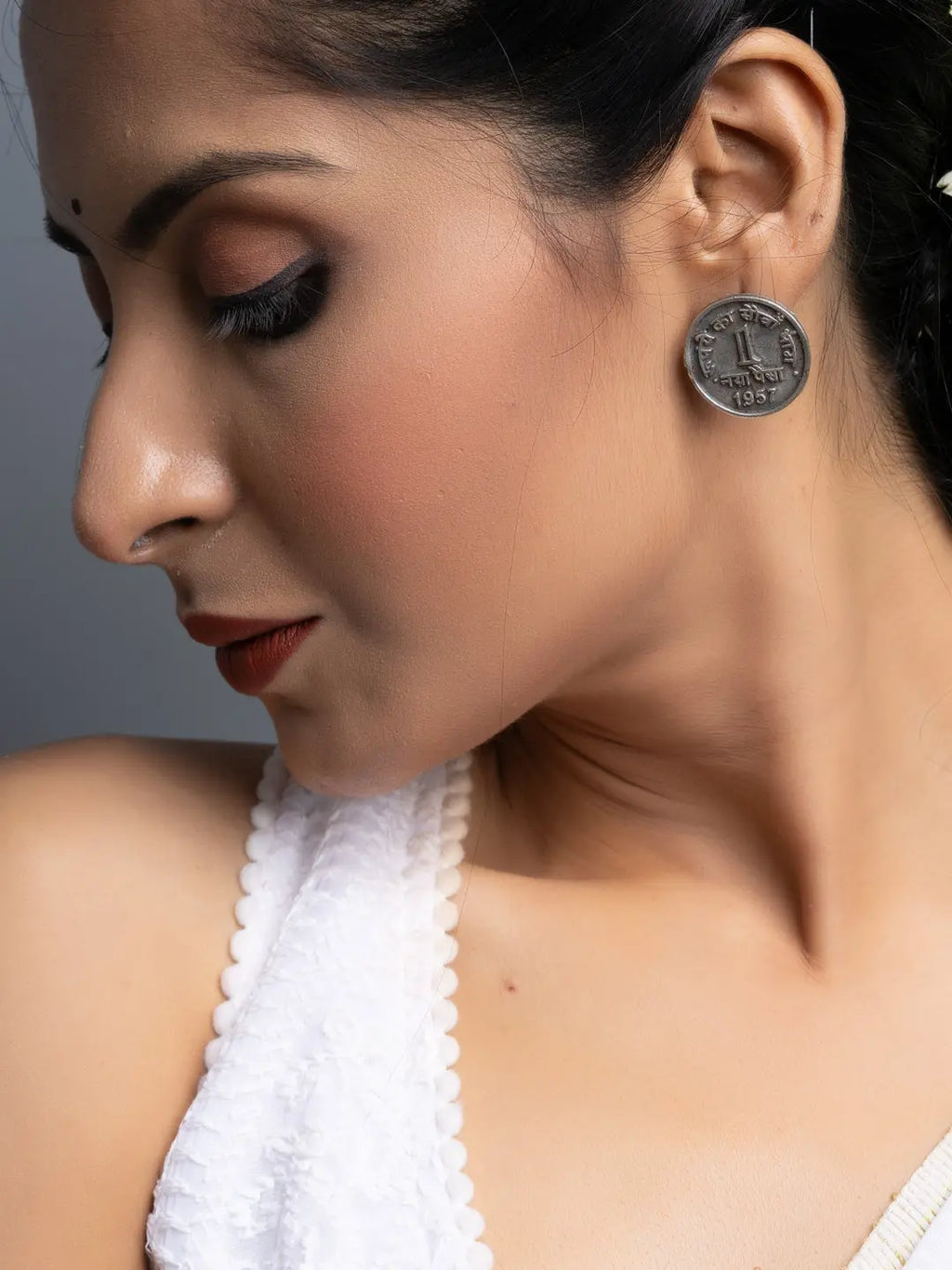 Oxidised Silver 1 Paise Stud Earrings - Lookandadorn.com